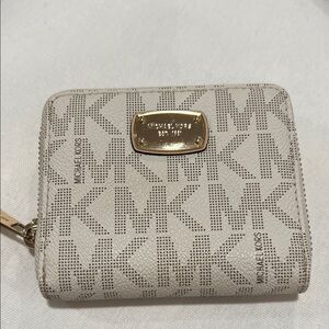Michael Kors Cream MK Logo Zip-Around Wallet with Gold Plate